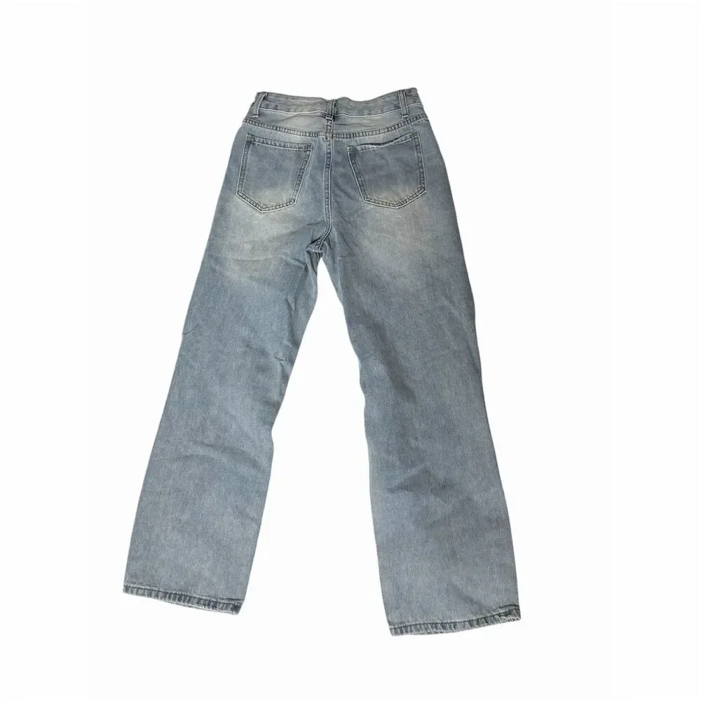 GIRLS SHEIN Petite Distressed Wide-Leg Jeans S Blue Light Wash